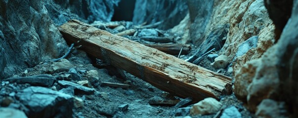Fototapeta premium A weathered wooden plank rests among rocks in a serene natural landscape.