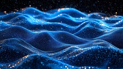 Mesmerizing abstract waves of blue light on a dark contemporary background with a spacious text area creating a smooth and captivating visual experience with a sleek sophisticated and futuristic vibe