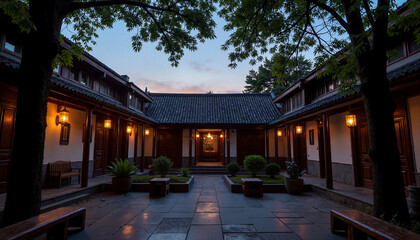 Fototapeta premium Traditional courtyard decorated for Chinese New Year celebration at twilight