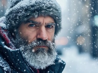 determined middle-aged man braving a snowstorm, his snow-covered beard and intense gaze reflecting resilience, dressed in winter clothing and surrounded by harsh winter conditions