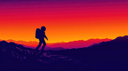 Fototapeta premium Silhouette of an astronaut traversing the Martian landscape during a vibrant sunset