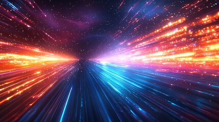 Mesmerizing light trails in a vibrant spectrum of blue purple and orange hues dance across a dark atmospheric background creating a captivating futuristic visual effect with ample space for text