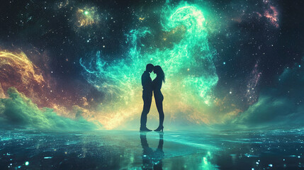 Silhouettes of lovers embracing on a cosmic beach under a starlit sky