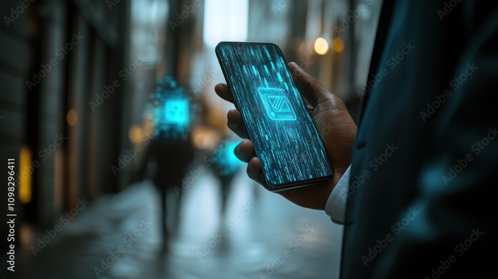 Poster a person holds a smartphone displaying digital data in a city setting.