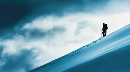 Silhouette of a tourist exploring a snowy mountain slope under a cloudy sky with gentle snowfall