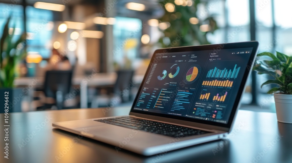 Poster laptop displaying data analytics and visualizations in a modern workspace.