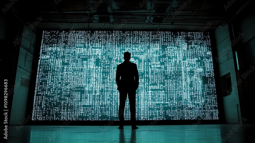 Poster a silhouetted figure stands before a digital display of abstract data patterns.