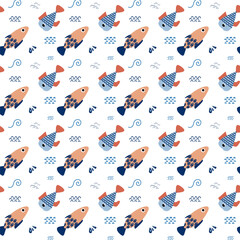 Colorful fish pattern displaying various aquatic designs on a white background suitable for fabric or wallpaper
