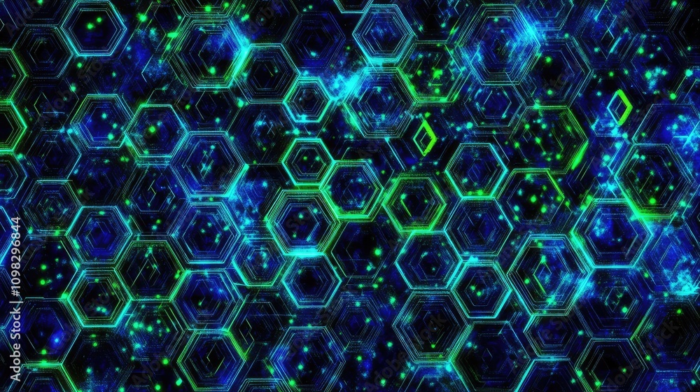 Aufkleber digital data hexagon grid with vibrant neon edges, simulating movement and depth in electric blue an