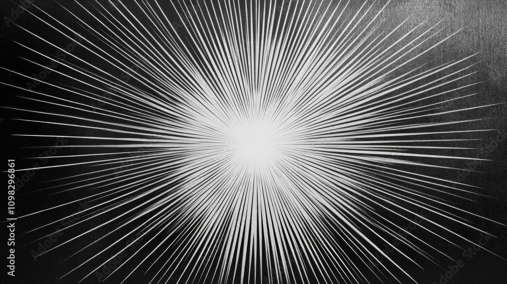 Poster a striking black and white image featuring radiant light rays emanating from a central point, creati