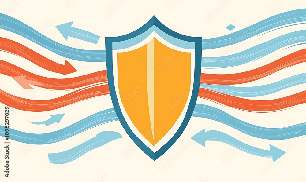 Poster a shield graphic symbolizing protection with flowing lines representing movement or energy.