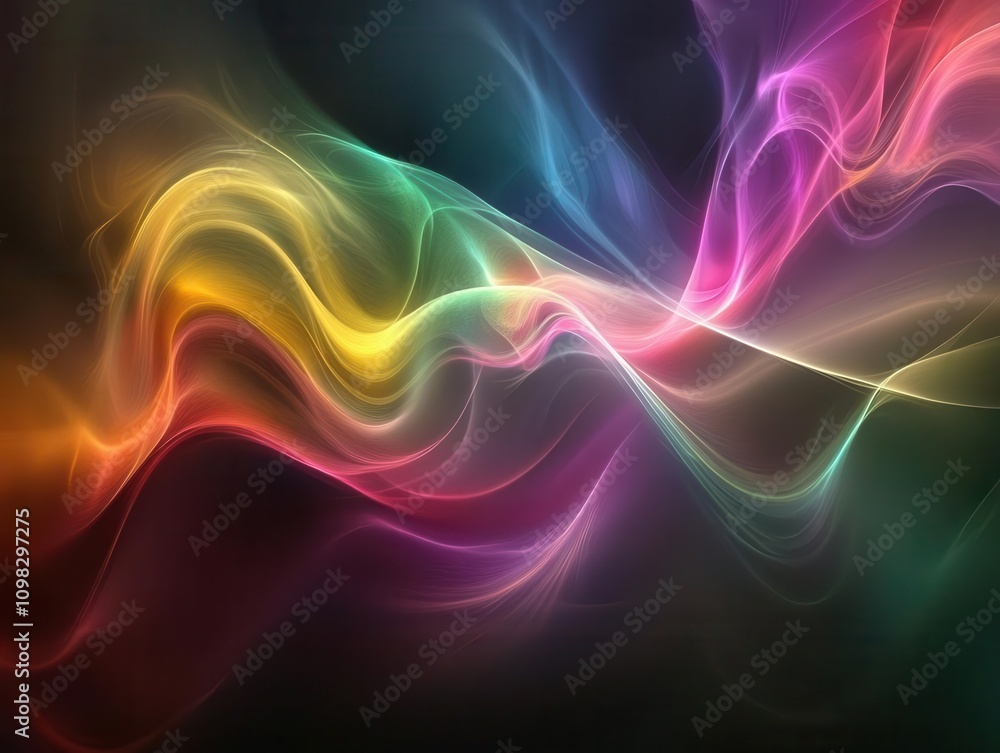 Poster dynamic wave lines in a spectrum of colors flowing across a black background, evoking a sense of mov