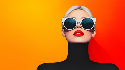 A stylish woman in sunglasses poses against a vibrant orange and yellow background, showcasing a modern, chic aesthetic.