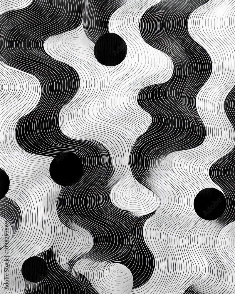 Poster abstract black and white patterns featuring swirling lines and circles create a dynamic visual rhyth