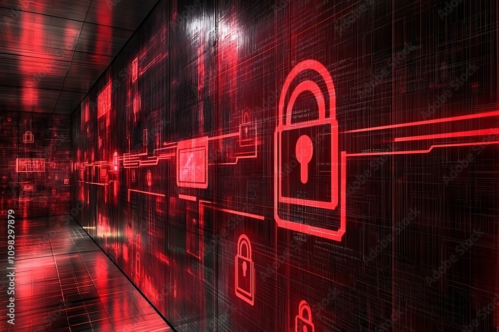 Poster a digital corridor with red lock symbols, representing cybersecurity and data protection.