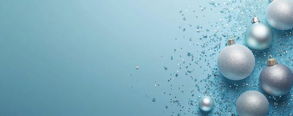 Christmas decorations, blue background, shimmering ornaments, festive atmosphere, holiday theme, sparkling effects, seasonal celebration