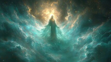 Obraz premium Cosmic ascension celestial realm digital art ethereal atmosphere surrealistic view spiritual concept