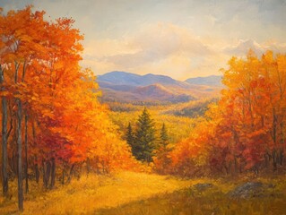 Fototapeta premium enchanting autumn landscape filled with warm, vibrant hues of orange, red, and yellow, capturing the essence of fall under a gentle golden sun