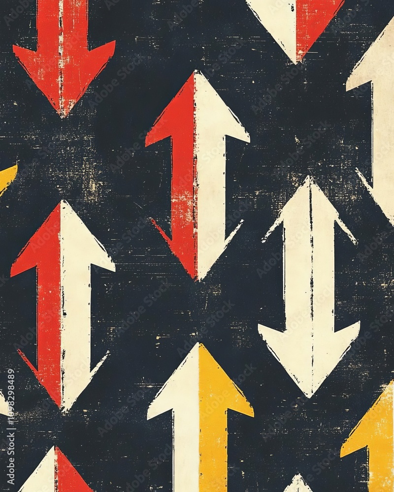 Poster A dynamic pattern of colorful arrows pointing up and down against a dark background, perfect for creating bold designs and expressing movement.