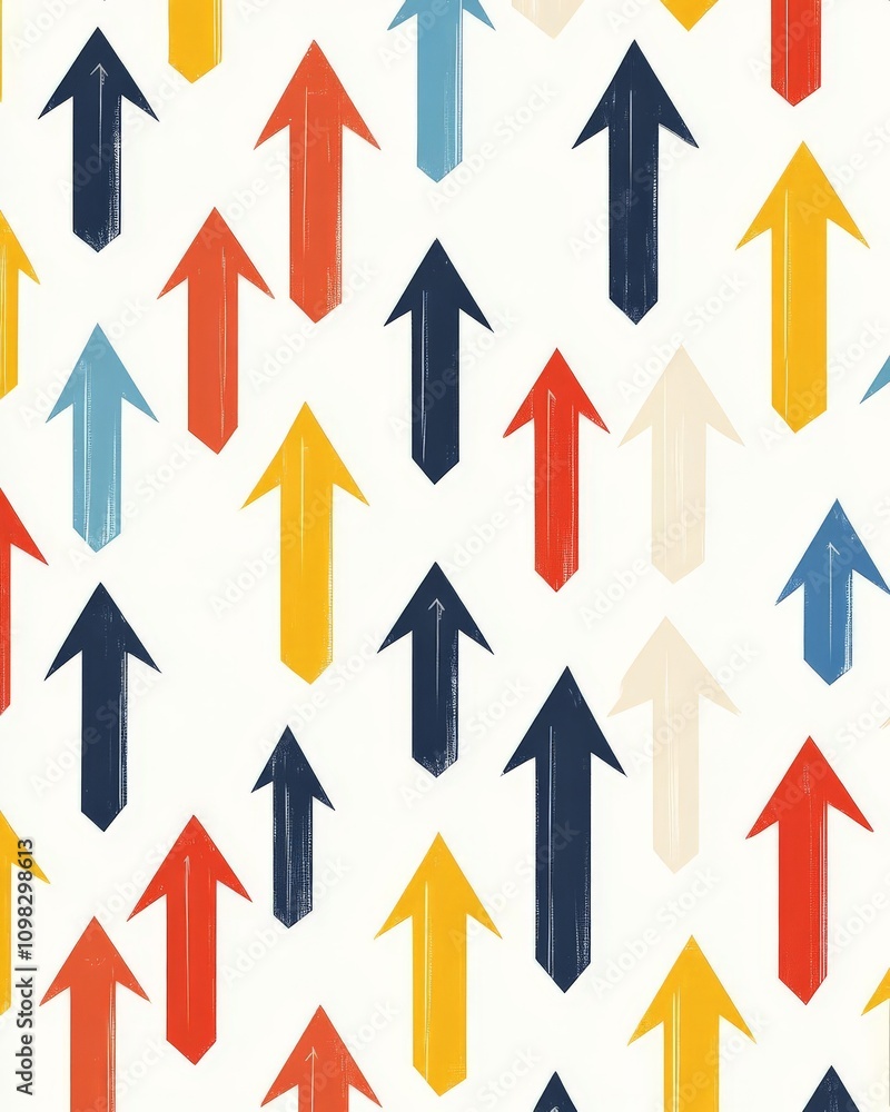 Poster an abstract pattern of colorful arrows pointing in various directions, creating a dynamic and energe
