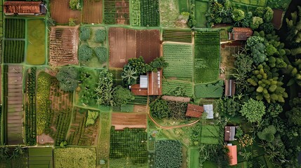 Fototapeta premium A top-down view of a farmhouse and its surrounding farm structures.