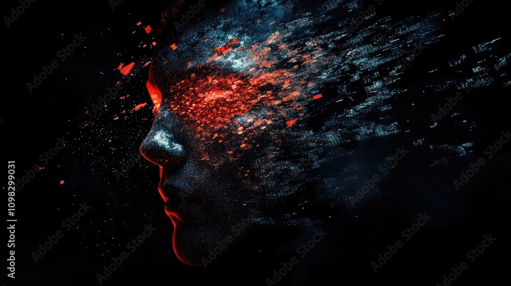 Poster digital face composed of luminous data particles, breaking apart and swirling with glitch effects