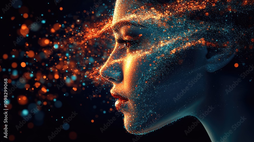 Poster digital face composed of luminous data particles, breaking apart and swirling with glitch effects