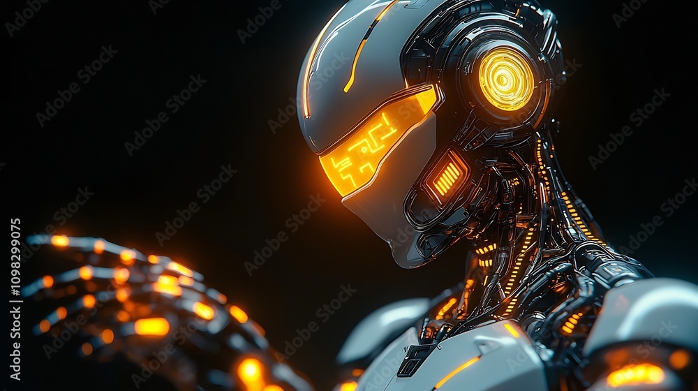Poster robotic agent holding a sleek innovative mechanical device with neon digital elements in a clean min