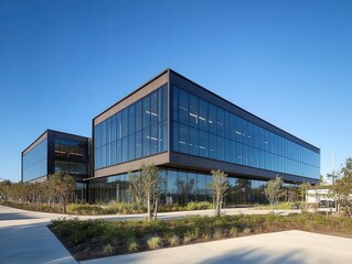 Fototapeta premium exterior view of a sleek, modern warehouse featuring large glass windows and an adjacent office unit, under a clear blue sky; a portrayal of efficiency in architecture