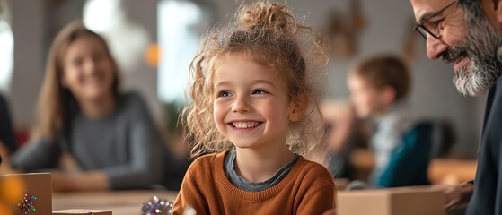A child crafting ornaments from old cereal boxes and glitter, surrounded by family