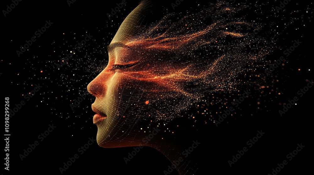 Poster digital face created from a swirl of data particles, with geometric lines tracing facial features ag