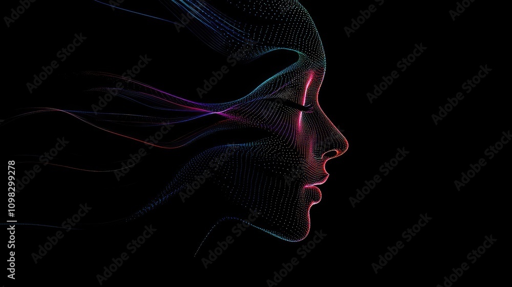 Poster digital face created from a swirl of data particles, with geometric lines tracing facial features ag