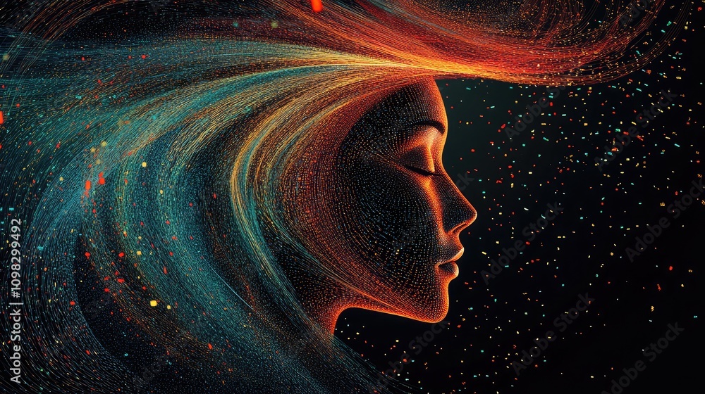 Poster digital face created from a swirl of data particles, with geometric lines tracing facial features ag
