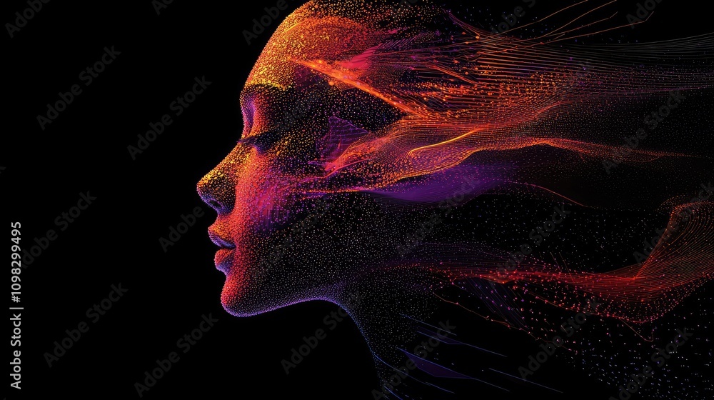 Poster digital face created from a swirl of data particles, with geometric lines tracing facial features ag