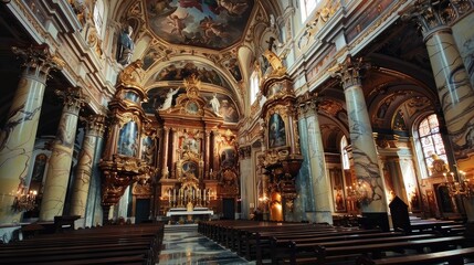 Majestic Interior of a Baroque Church with Stunning Artwork and Architecture