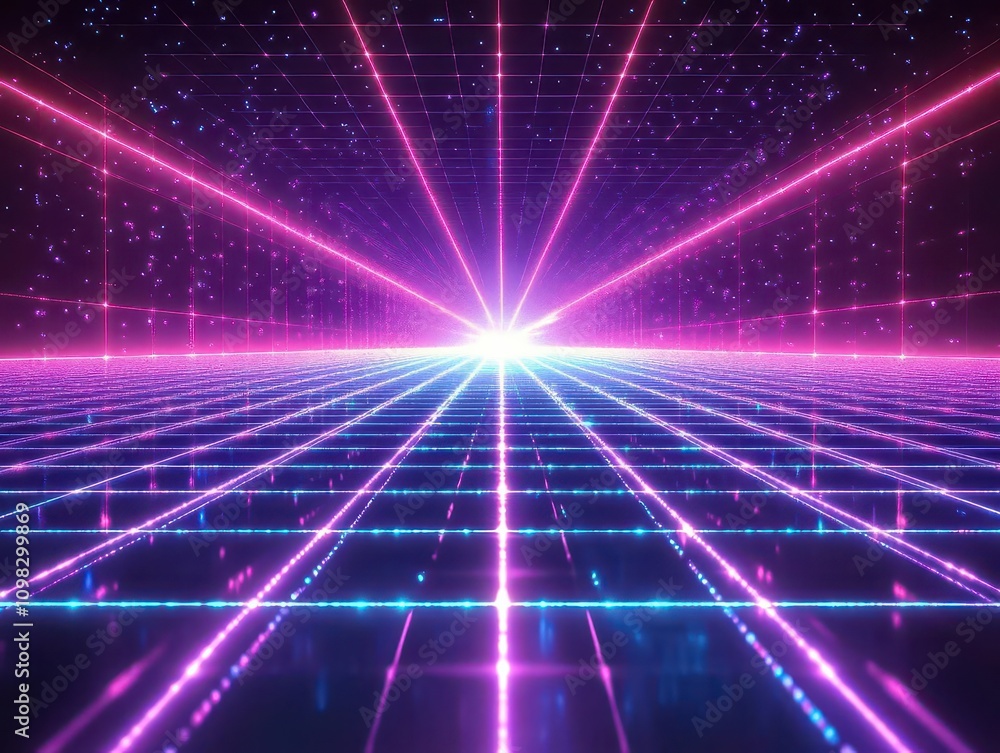 Poster futuristic digital landscape with neon grid matrix perspective floor illuminated by vibrant cyan and