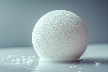 Blank stress ball being squeezed with foam texture visible, captured using macro lens on office desk lighting, with copy space