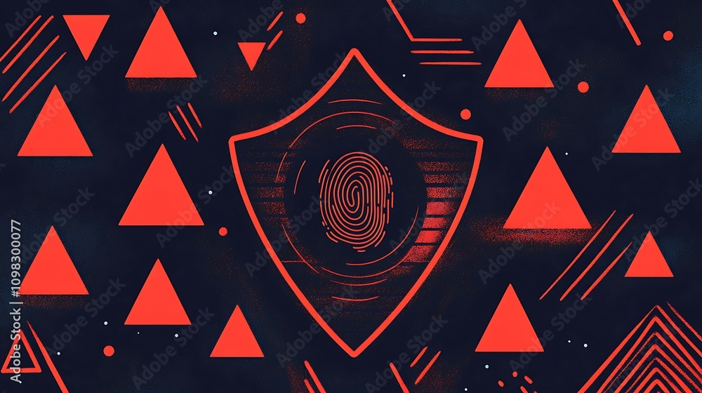 Poster abstract design featuring a fingerprint within a shield and geometric shapes.