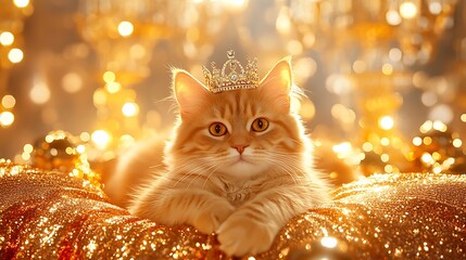 Adorable Ginger Cat with Crown Relaxing on Sparkling Gold Cushions Surrounded by Shimmering Lights in a Luxurious Setting