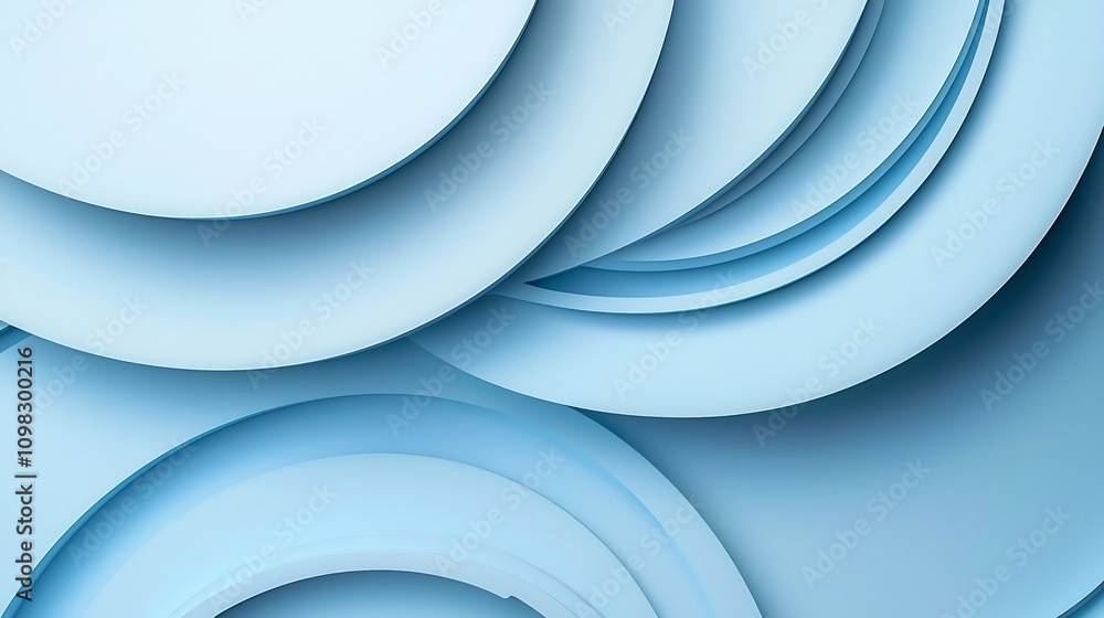 Poster serene and refined minimalist light blue background featuring abstract circular designs with open sp