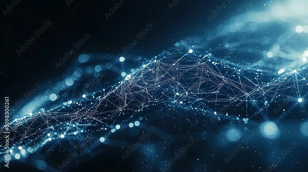 Poster serene and tech inspired abstract network background with flowing blue tones and delicate connecting