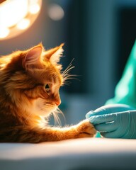 Veterinarian examining cat's paw in hospital room soft lighting medical care close-up perspective