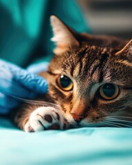 Veterinary exam of a cat's paw in a hospital bed medical environment caring viewpoint animal health awareness