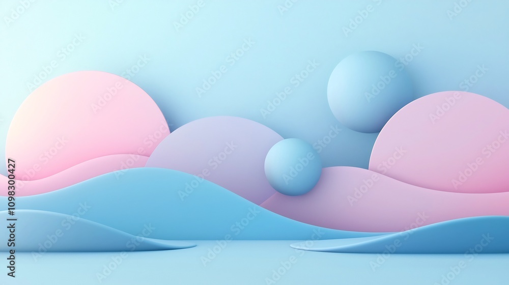 Poster serene geometric composition with soft pastel gradients and calming circular shapes minimalist blue 