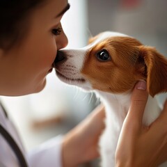 Owner kissing puppy&rsquo;s forehead at vet clinic emotional pet care moment intimate environment closeup view