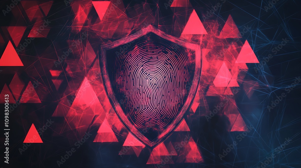Poster Abstract shield design featuring a fingerprint pattern against a background of geometric shapes.