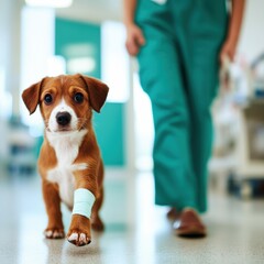 Owner exiting veterinary clinic with a puppy in bandage indoor environment caring moment health focus
