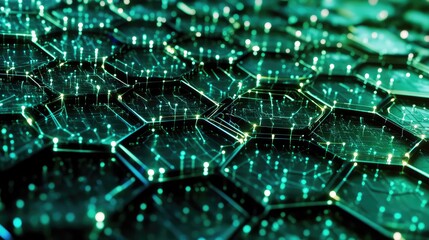 Obraz premium Digital hexagonal data network with nodes connecting in intricate paths, creating a web-like grid in green and teal