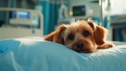 Small dog resting on a pillow in hospital room comforting scene medical environment emotional perspective