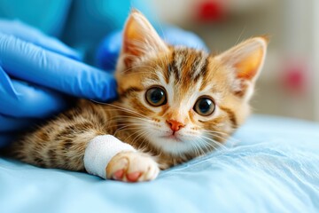 Veterinarian treats injured kitten with bandage animal clinic medical care indoor setting close-up view compassion